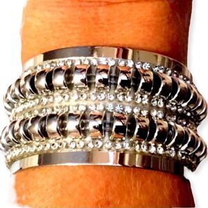 Silver Rhinestone Textured Wide Cuff Bracelet NEW